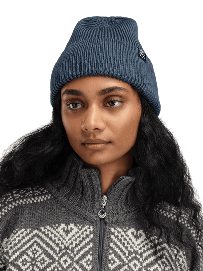 DALE OF NORWAY BOUVET BEANIE HAT - STEEL woman model