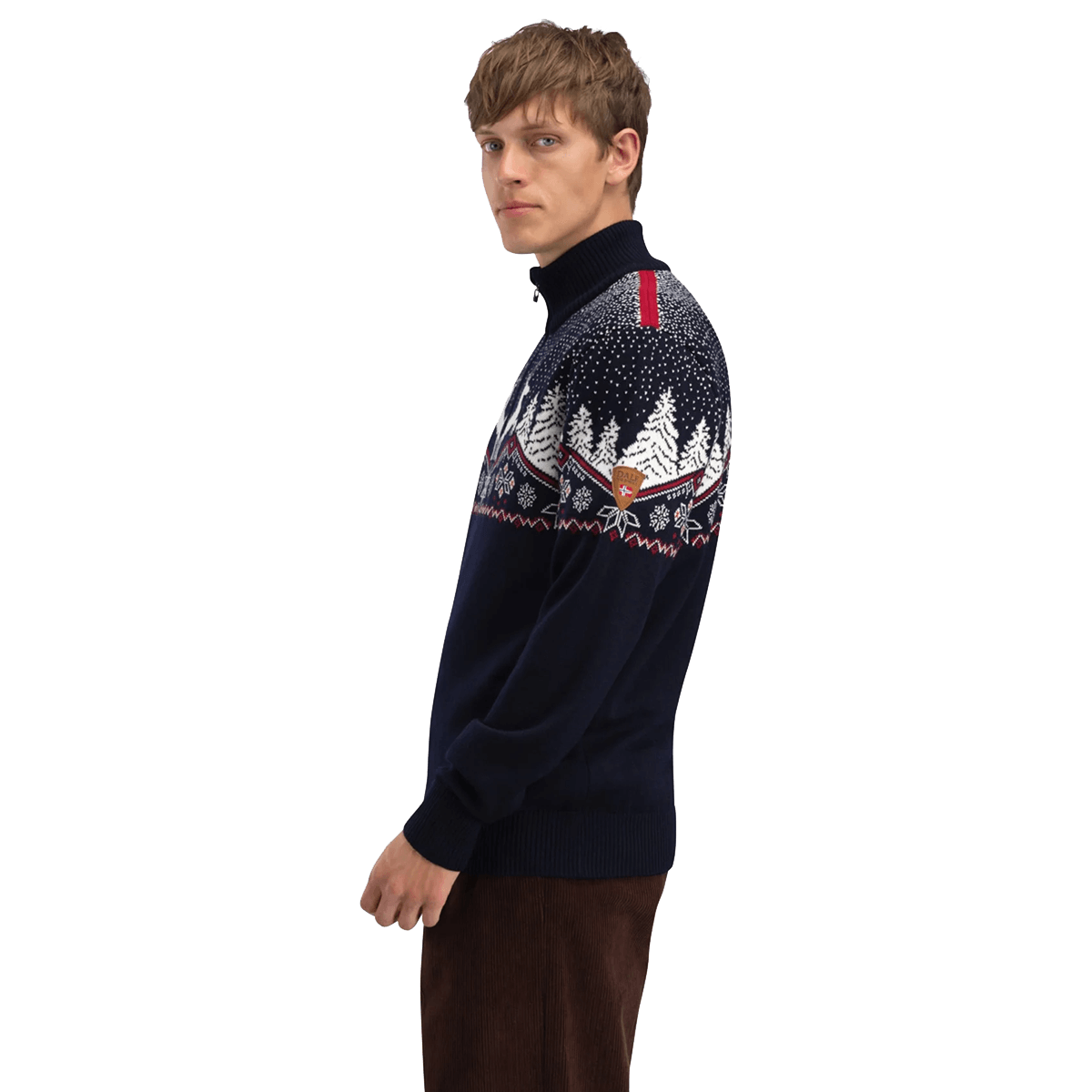 DALE OF NORWAY CHRISTMAS SWEATER - NAVY OFFWHITE REDROSE side view