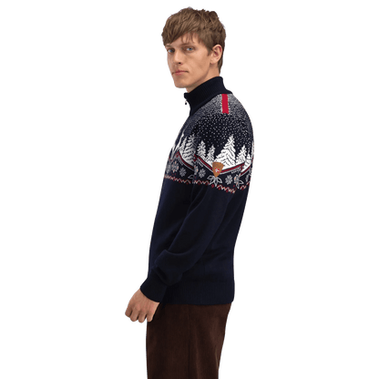 DALE OF NORWAY CHRISTMAS SWEATER - NAVY OFFWHITE REDROSE side view