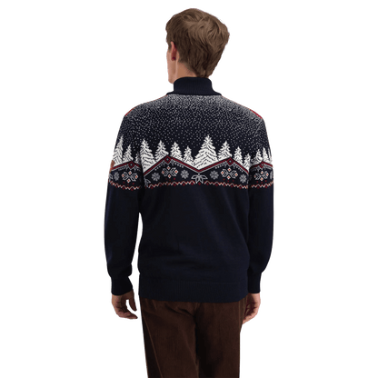 DALE OF NORWAY CHRISTMAS SWEATER - NAVY OFFWHITE REDROSE back view