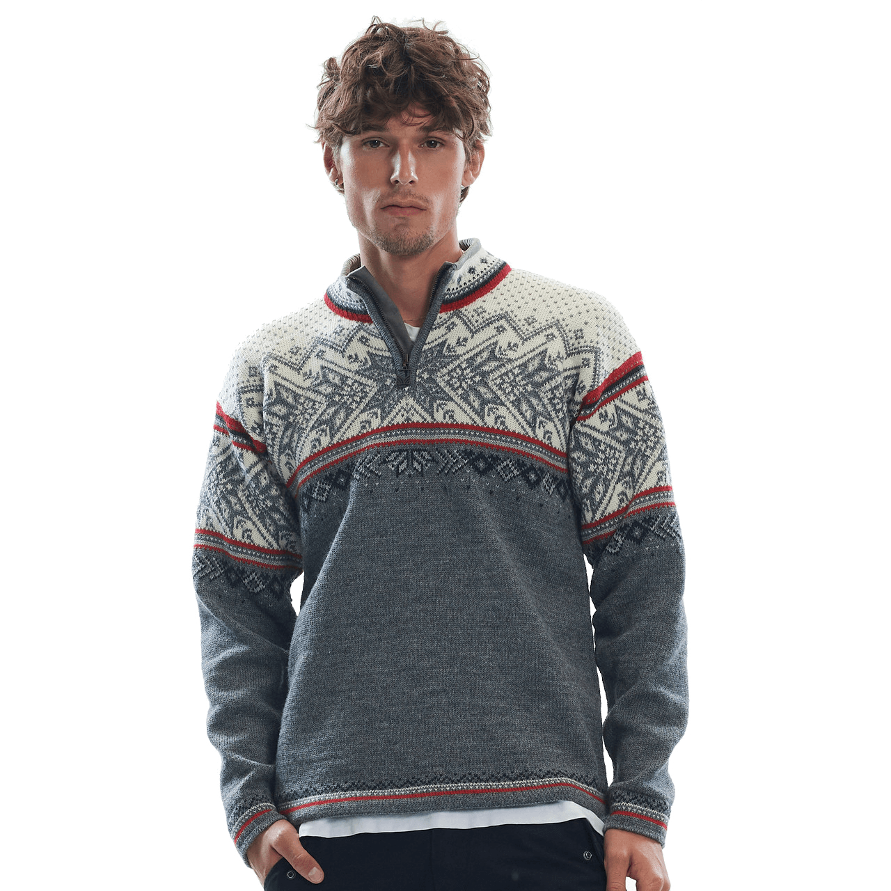 DALE OF NORWAY VAIL MEN'S SWEATER - SMOKE OFFWHITE RASPBERRY male model