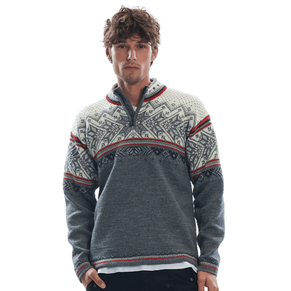 DALE OF NORWAY VAIL MEN'S SWEATER - SMOKE OFFWHITE RASPBERRY male model