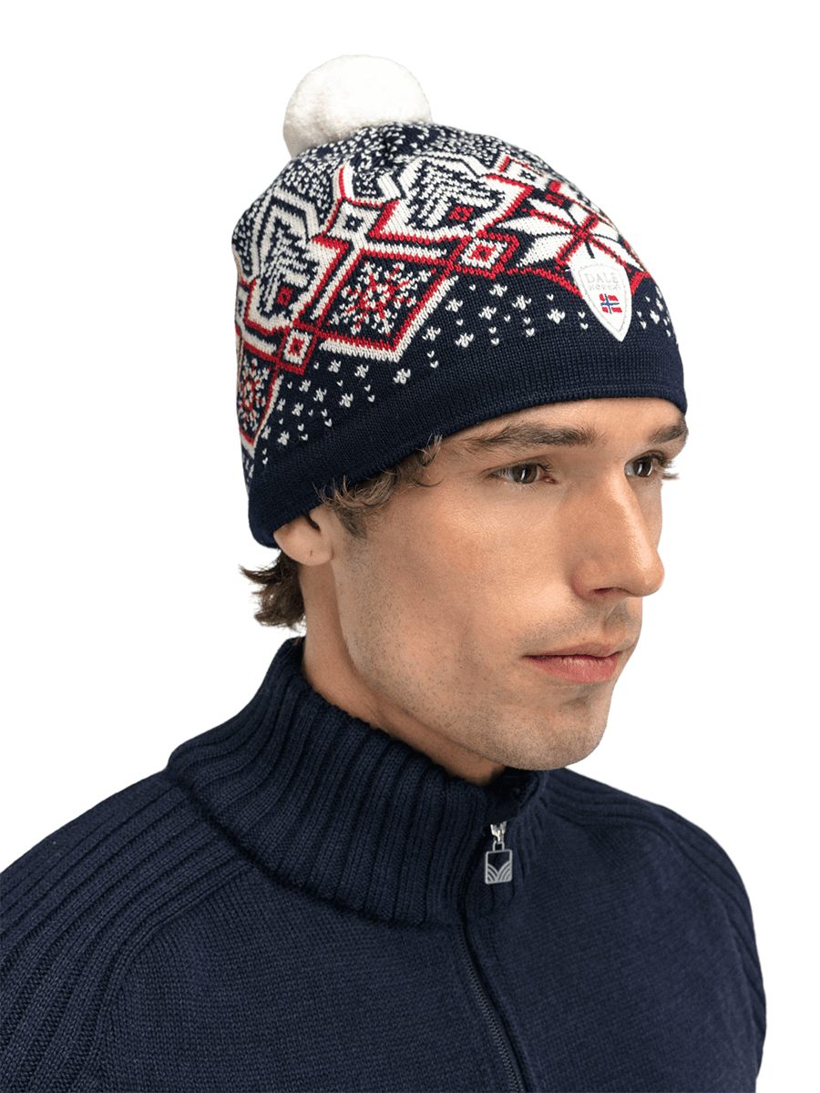 DALE OF NORWAY WINTERLAND WOOL HAT - NAVY OFFWHITE RASPBERRY with male model