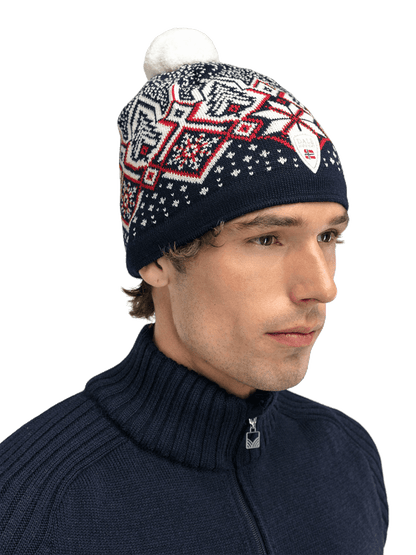 DALE OF NORWAY WINTERLAND WOOL HAT - NAVY OFFWHITE RASPBERRY with male model