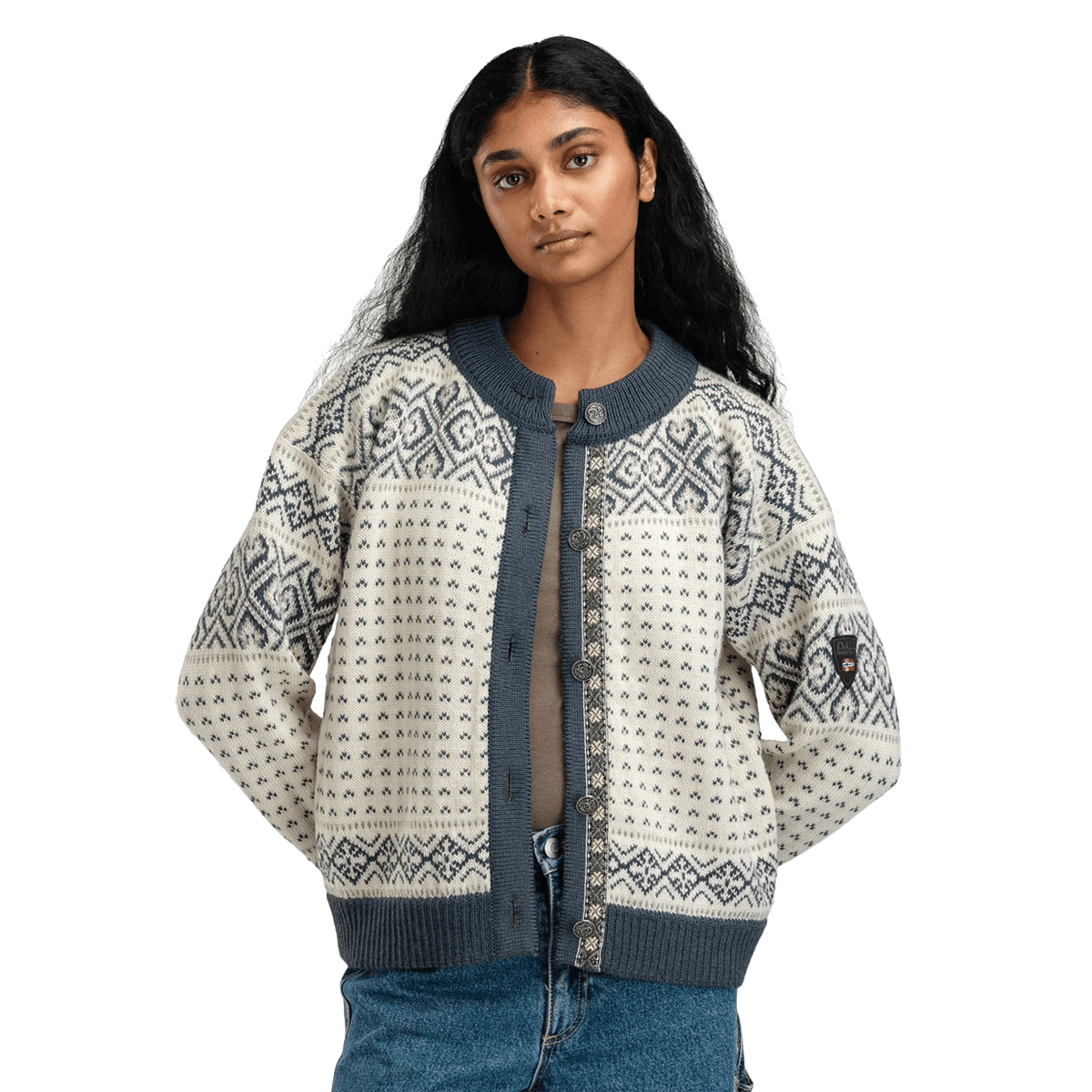 DALE OF NORWAY WOMEN'S HANNAH CARDIGAN - OFFWHITE STEEL LIGHTCHARCOAL model front view