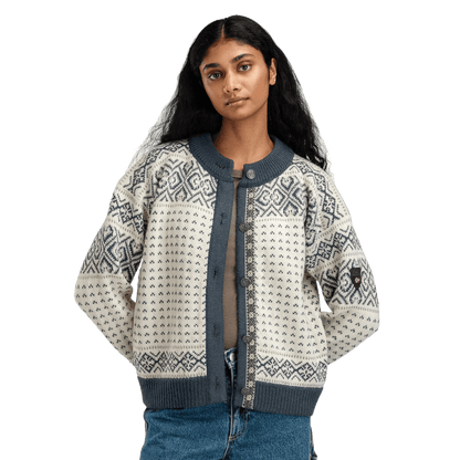DALE OF NORWAY WOMEN'S HANNAH CARDIGAN - OFFWHITE STEEL LIGHTCHARCOAL model front view