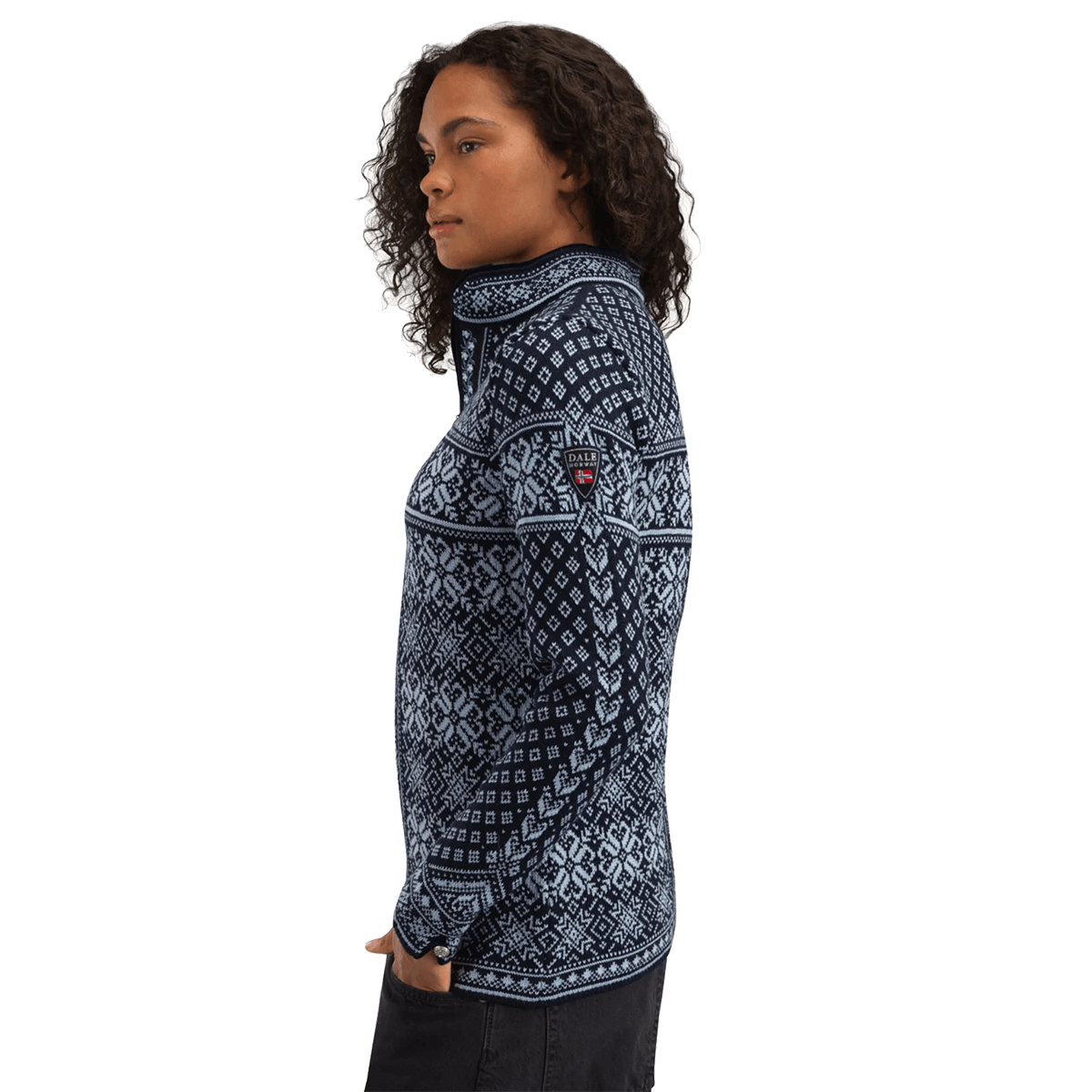 DALE OF NORWAY WOMEN'S PEACE SWEATER - NAVY ICEBLUE side view