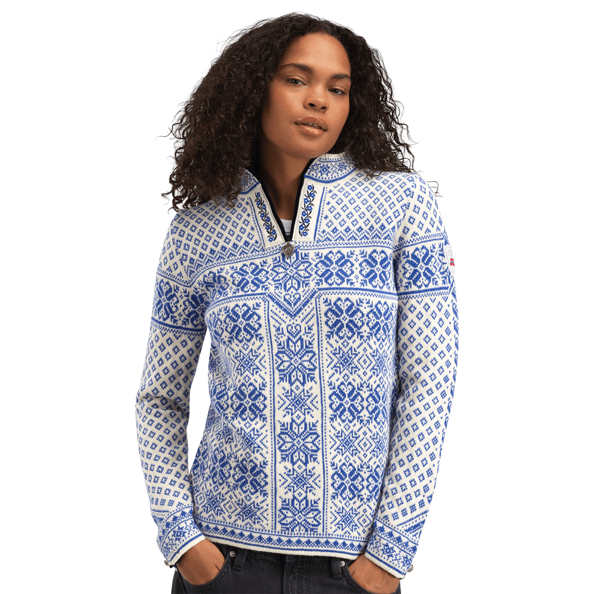 DALE OF NORWAY WOMEN'S PEACE SWEATER - ULTRAMARINE OFFWHITE being worn