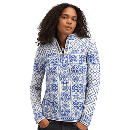 DALE OF NORWAY WOMEN'S PEACE SWEATER - ULTRAMARINE OFFWHITE being worn