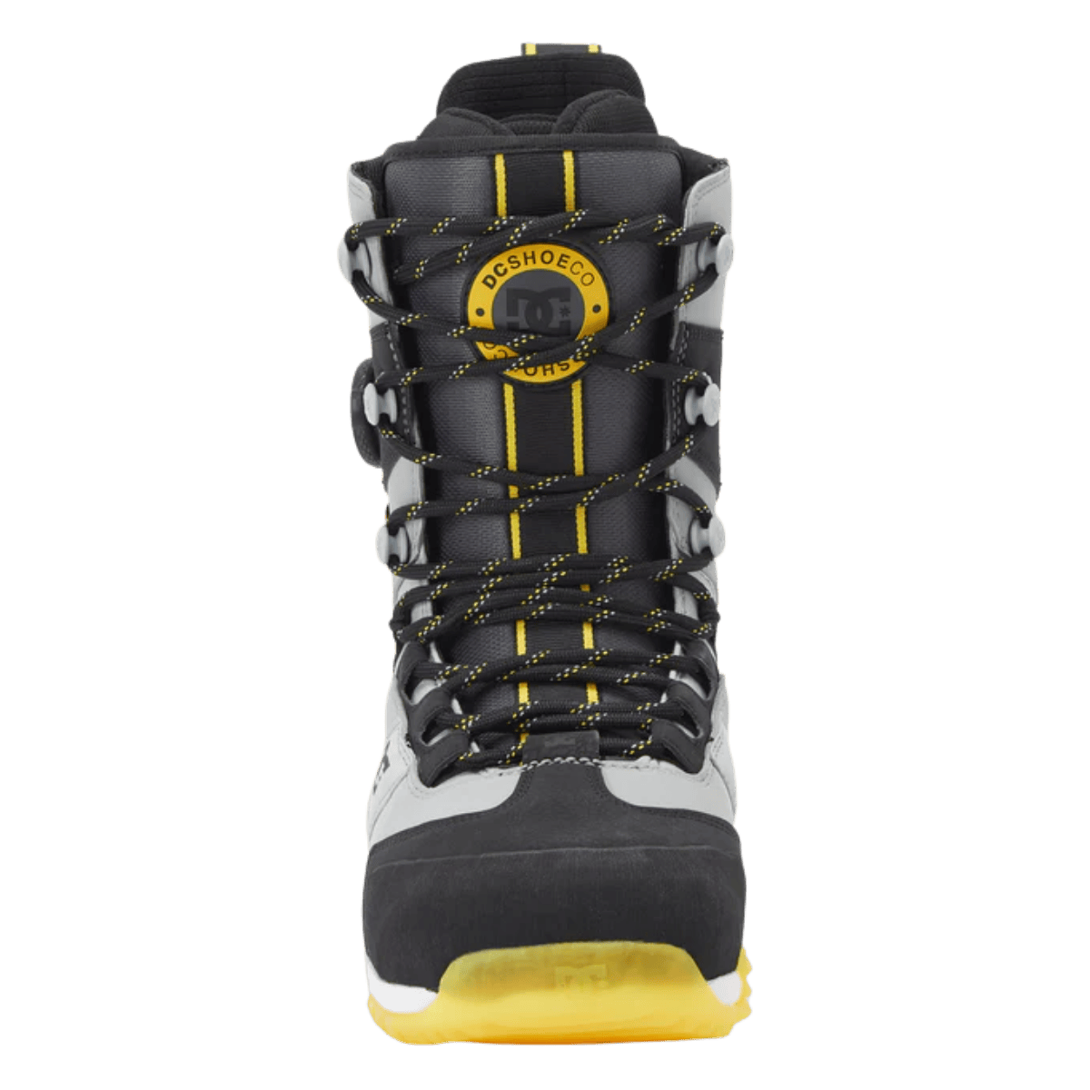 DC BOOTS MEN'S PREMIER HYBRID SNOWBOARD BOOTS - BLACK/GRAY/YELLOW- FRONT VIEW