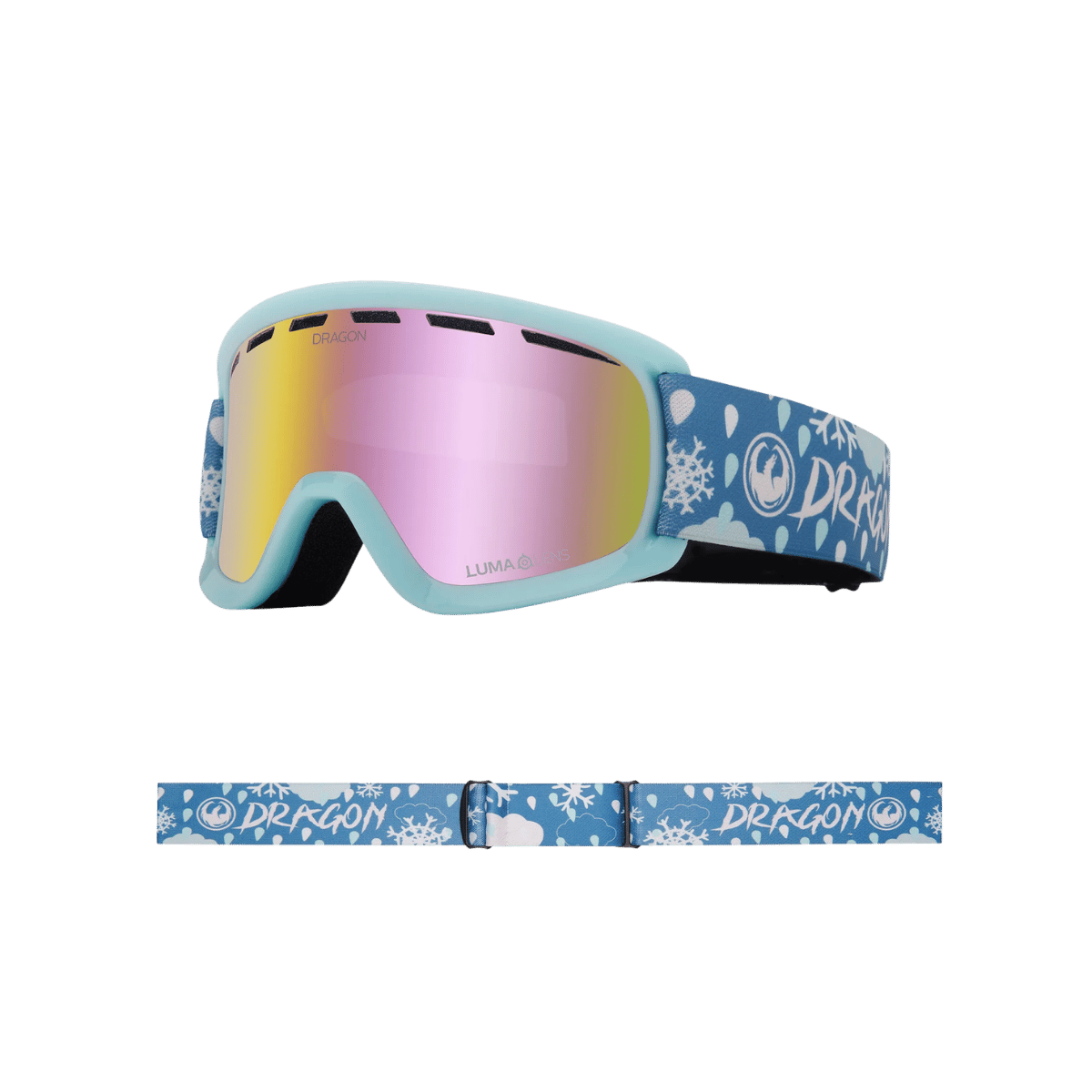 DRAGON LIL D 2, SNOWDANCE, LUMALENS, PINK ION, FRONT ANGLE, STRAP, LOGO