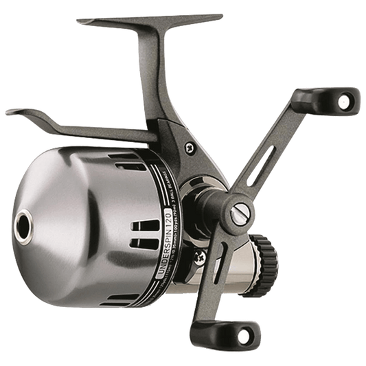 Daiwa Underspin 120 spinning reel featuring a silver closed-face design with dual handle cranks and a smooth black frame. Ideal for light tackle and versatile fishing applications.