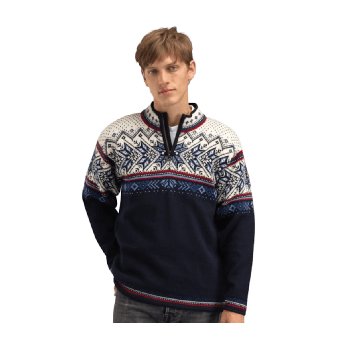 DALE OF NORWAY MEN'S VAIL SWEATER - NAVY RED OFFWHITE - FRONT VIEW
