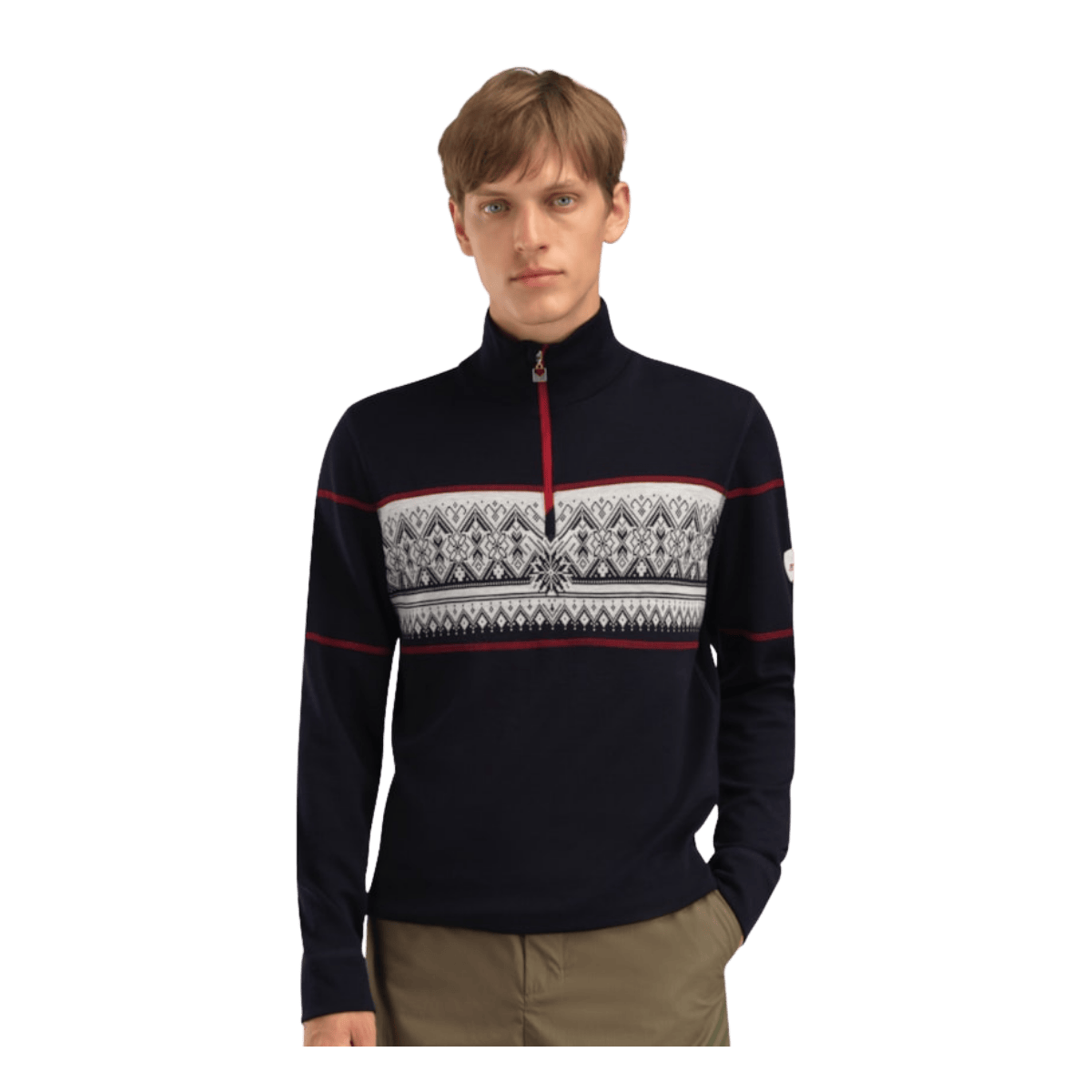 DALE OF NORWAY MEN'S MORITZ BASIC SWEATER - NAVY WHITE RASPBERRY - FRONT VIEW