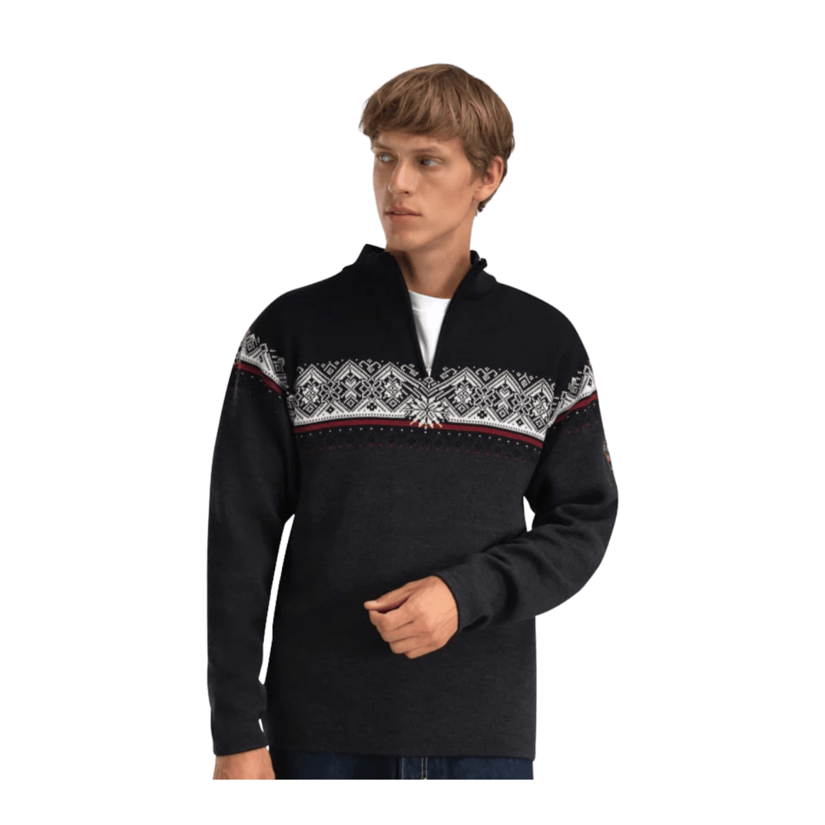 DALE OF NORWAY MEN'S MORITZ SWEATER - DARK CHARCOAL RASPBBERRY BLACK - FRONT VIEW