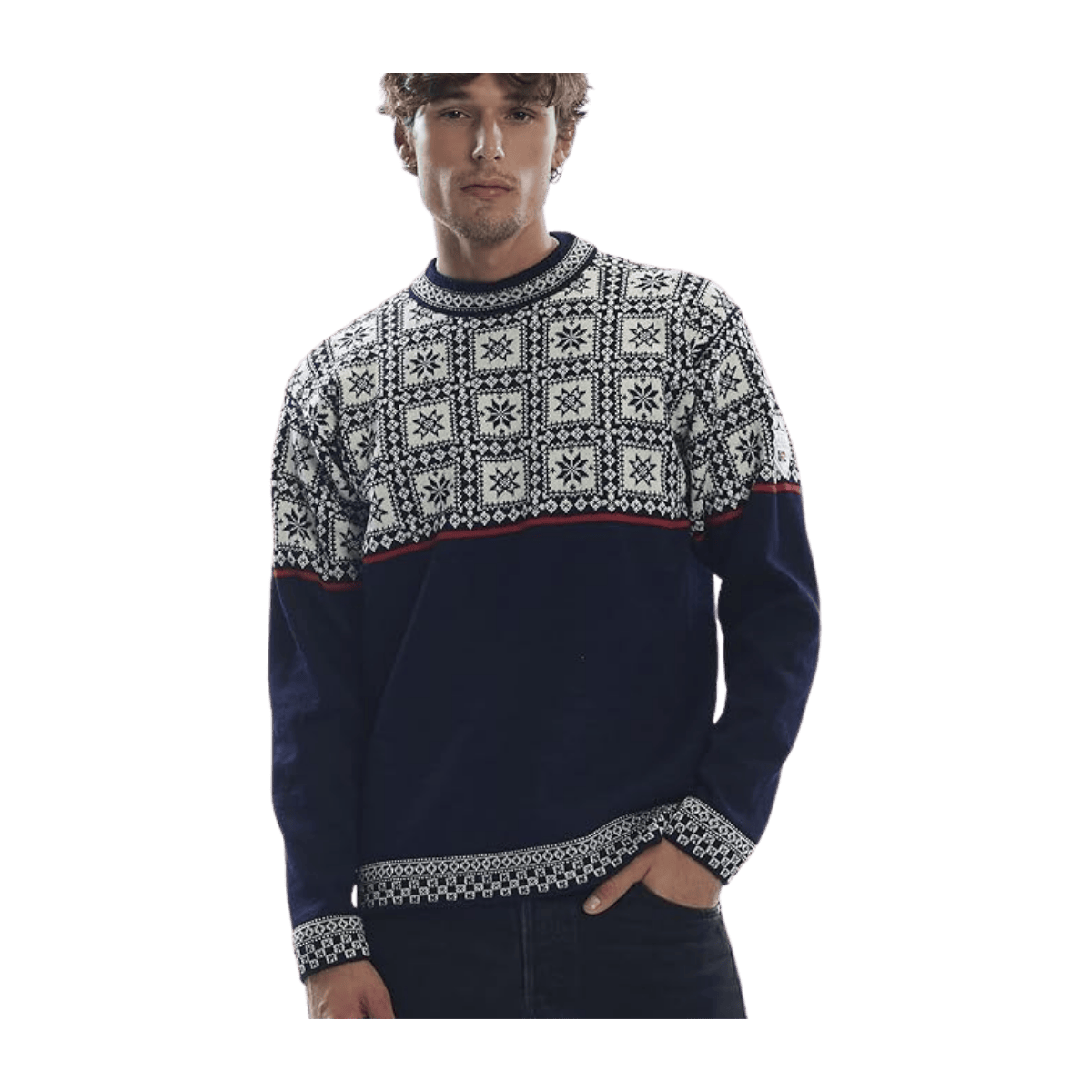 DALE OF NORWAY MEN'S TYSSOY SWEATER - NAVY OFFWHITE RASPBERRY - FRONT VIEW