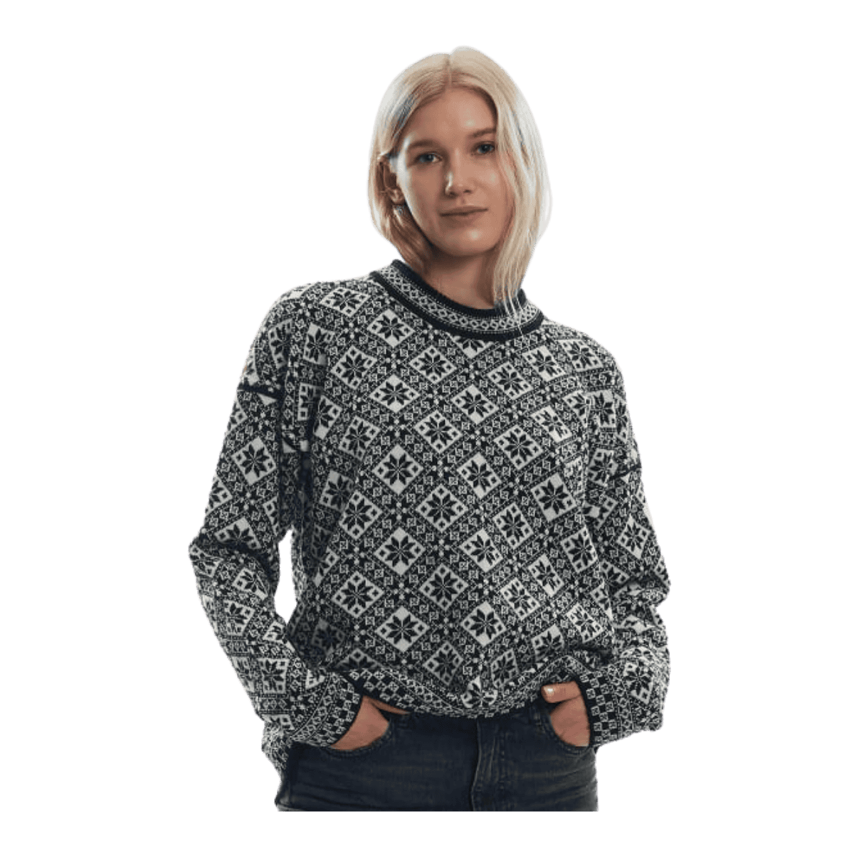 DALE OF NORWAY WOMEN'S BJORØY SWEATER - BLACK OFFWHITE RASPBERRY - FRONT VIEW