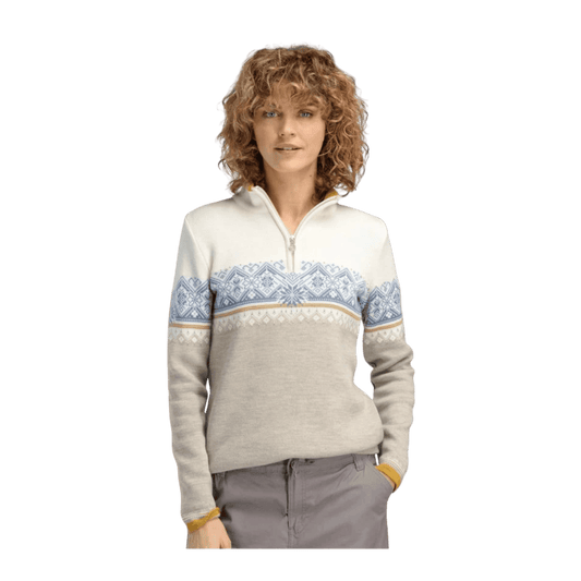 DALE OF NORWAY WOMEN'S MORITZ SWEATER - SAND OFFWHITE BLUESHADOW - FRONT VIEW