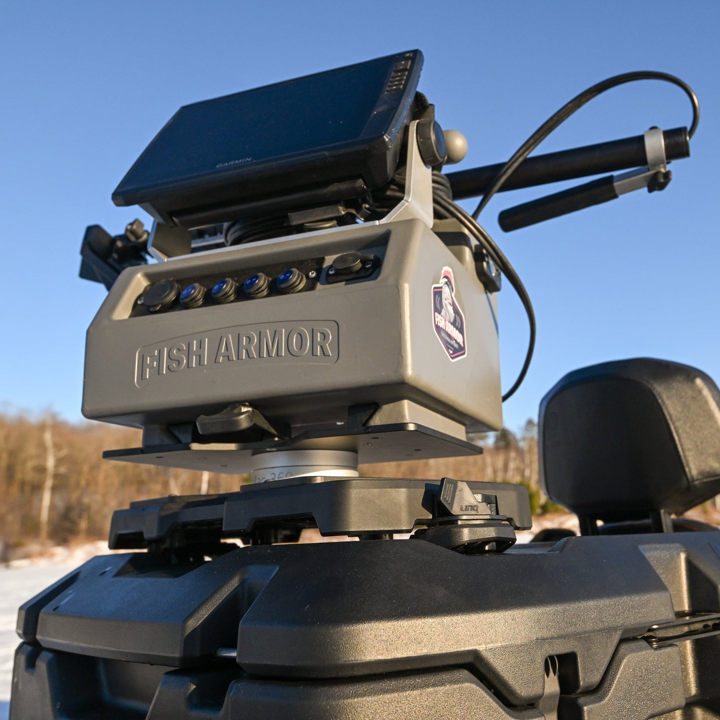 Fish Armor Pro Lite Pole Holder Docking Plate showing it mounted to a gear case