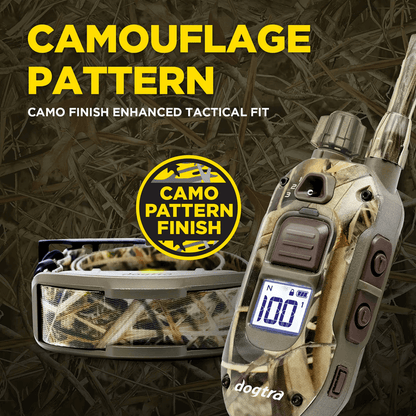 Close-up promotional image of the Dogtra 1900X Camouflage remote training collar system, highlighting the camo pattern finish on the collar and handheld remote. Text reads "CAMOUFLAGE PATTERN – CAMO FINISH ENHANCED TACTICAL FIT" with a round badge labeled "CAMO PATTERN FINISH" over a background of camouflage brush.
