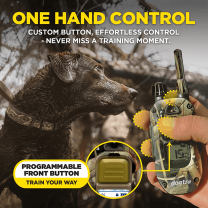 Dog training device with remote control held by a person, featuring text about one-hand control and programmable front button.