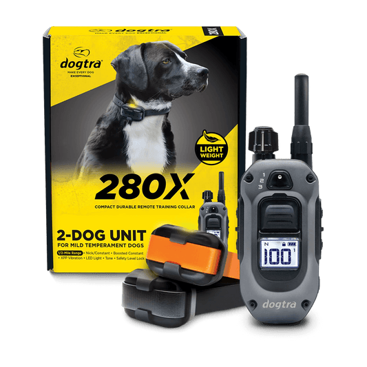 Dogtra 280X 2-Dog Unit Compact Remote Training Collar packaging and components. The image shows a yellow and black product box featuring a dog, along with the remote transmitter and two lightweight training collars—one with an orange strap and one with a black strap. The system is designed for mild temperament dogs and highlights features like 1/2-mile range, LED light, tone, vibration, and safety level lock.