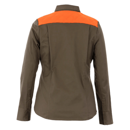 DSG OUTERWEAR WOMEN UPLAND SNAP UP SHIRT BLAZE ORANGE/STONE BACK VIEW