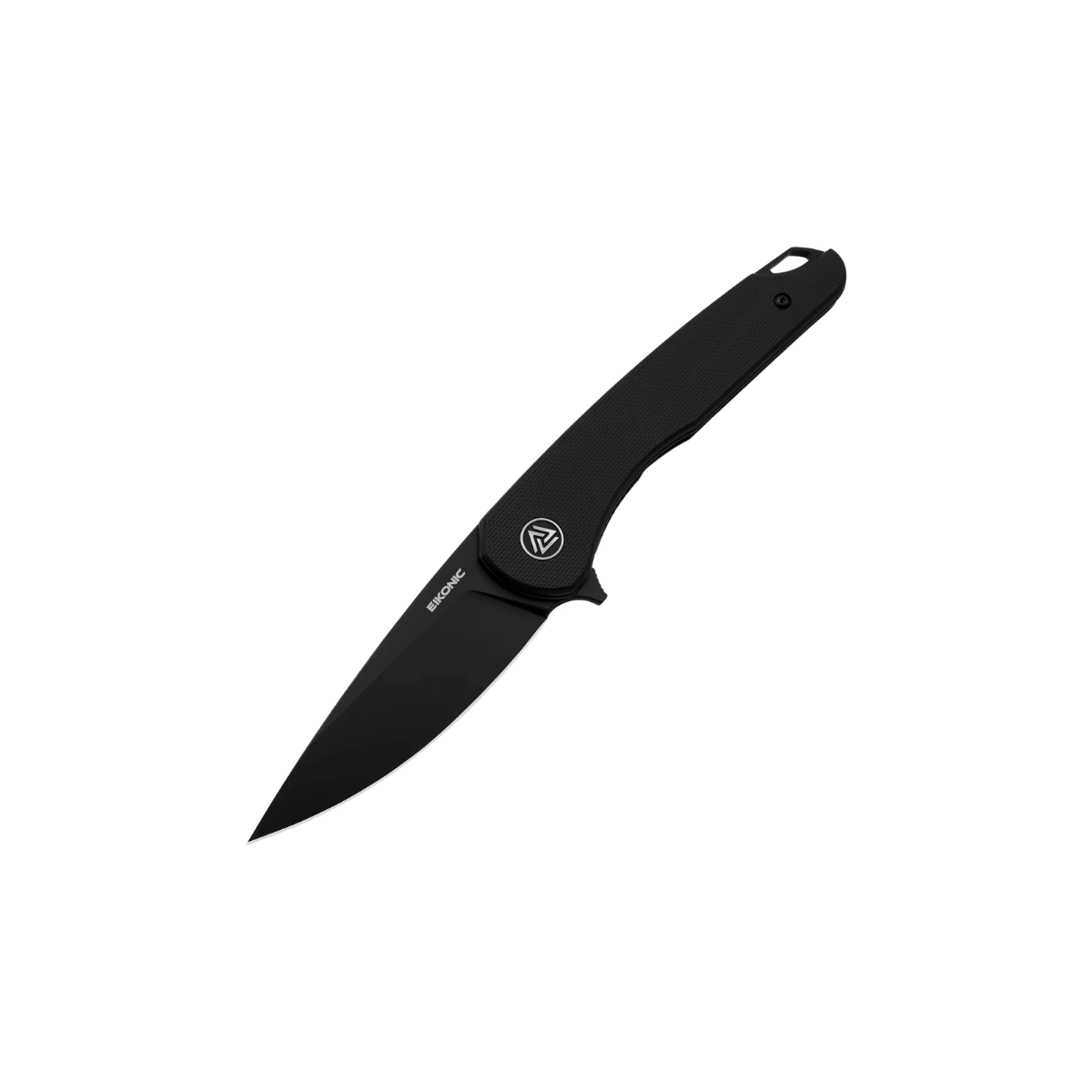 EIKONIC KNIFE DROMAS FLIPPER, BLACK, SIDE ANGLE, LOGO