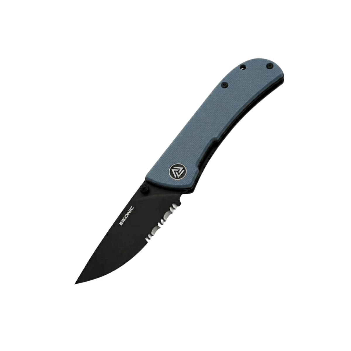 EIKONIC KNIFE FAIRWIND FLIPPER BLACK SERRATED BLUE GREY