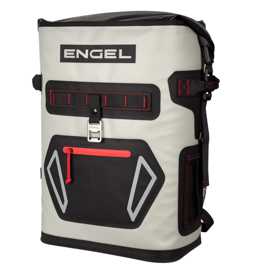 ENGEL 25 QUARTS ROLL TOP HIGH PERFORMANCE BACKPACK COOLER - LT GRAY/RED