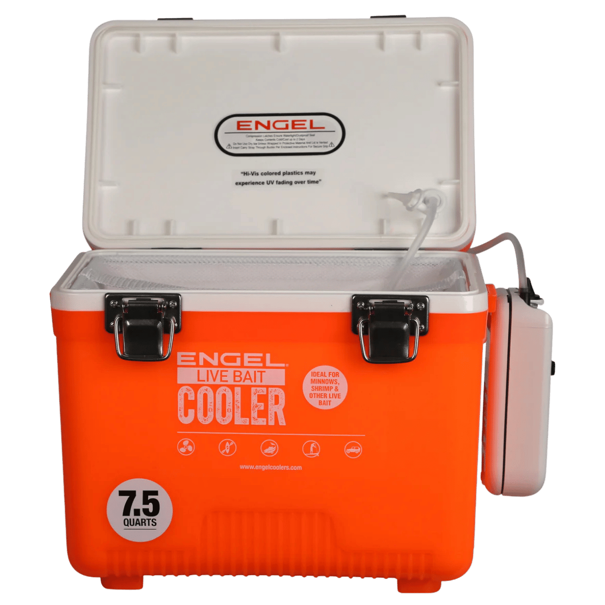 ENGEL 7.5 QUARTS LIVE BAIT DRYBOX/COOLER - HIGH VIZ ORANGE_OPEN BOX