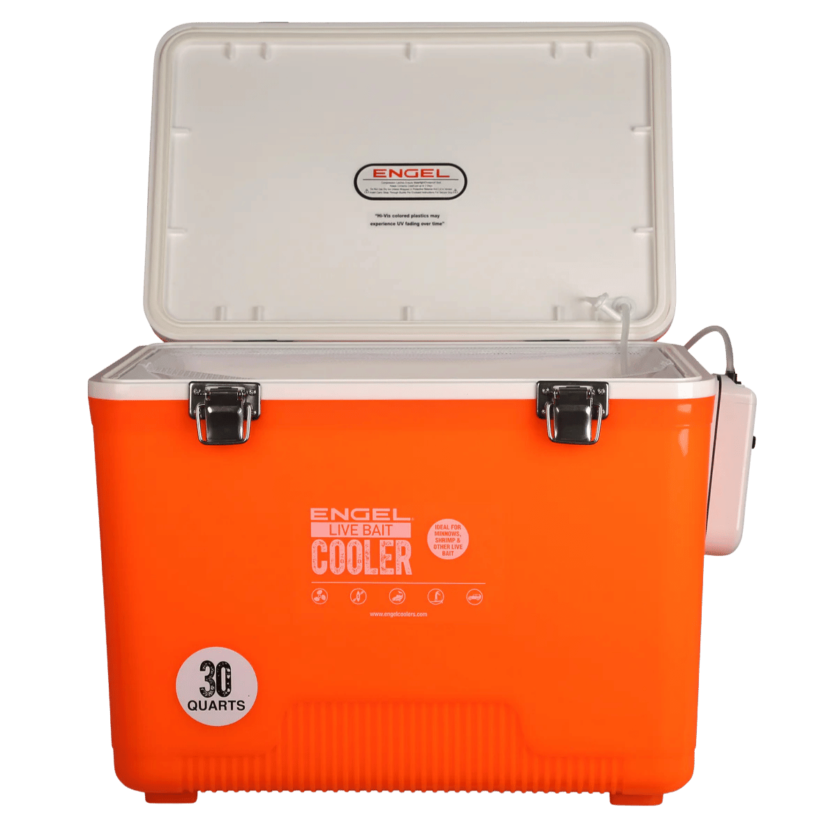 ENGEL 30 QUARTS LIVE BAIT DRYBOX/COOLER - HI VIZ ORANGE_OPEN BOX