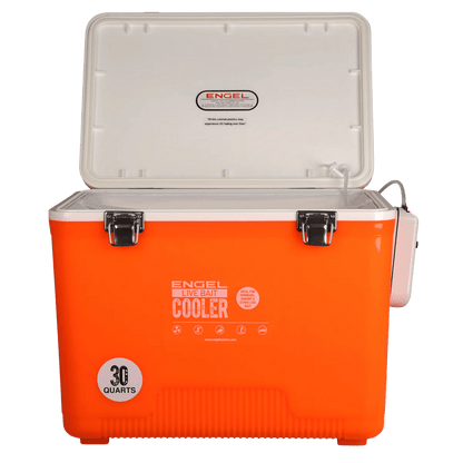 ENGEL 30 QUARTS LIVE BAIT DRYBOX/COOLER - HI VIZ ORANGE_OPEN BOX