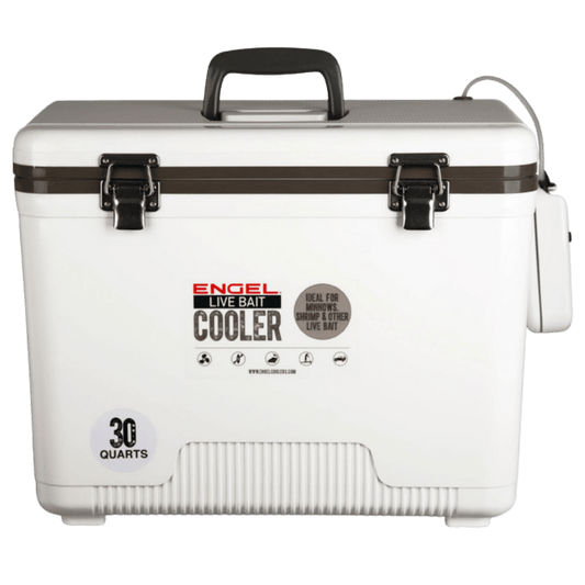 ENGEL 30 QUARTS  LIVE BAIT COOLER W/NET AND AERATOR PUMP - WHITE