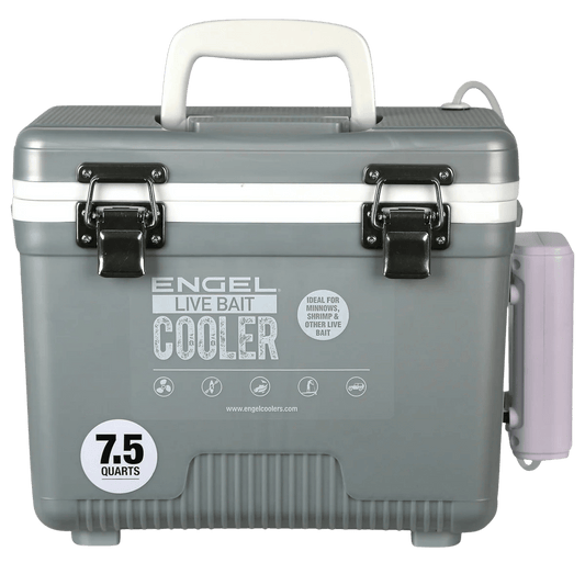 ENGEL 7.5 QUARTS LIVE BAIT PRO COOLER WITH AP3 RECHARGEABLE AERATOR AND STAINLESS HARDWARE - SILVER
