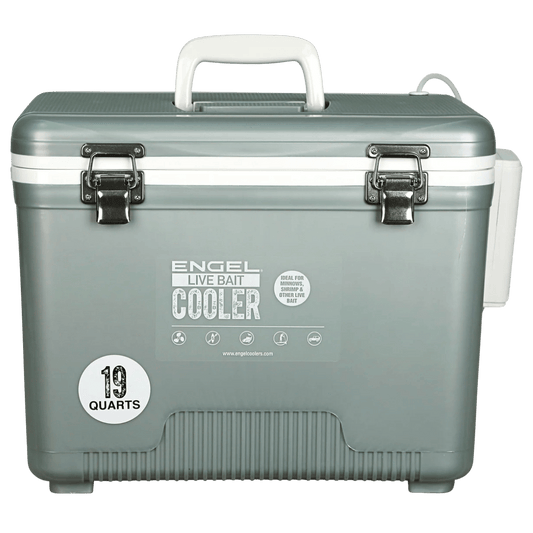 ENGEL 19 QUARTS LIVE BAIT PRO COOLER WITH AP3 RECHARGEABLE AERATOR AND STAINLESS HARDWARE - SILVER