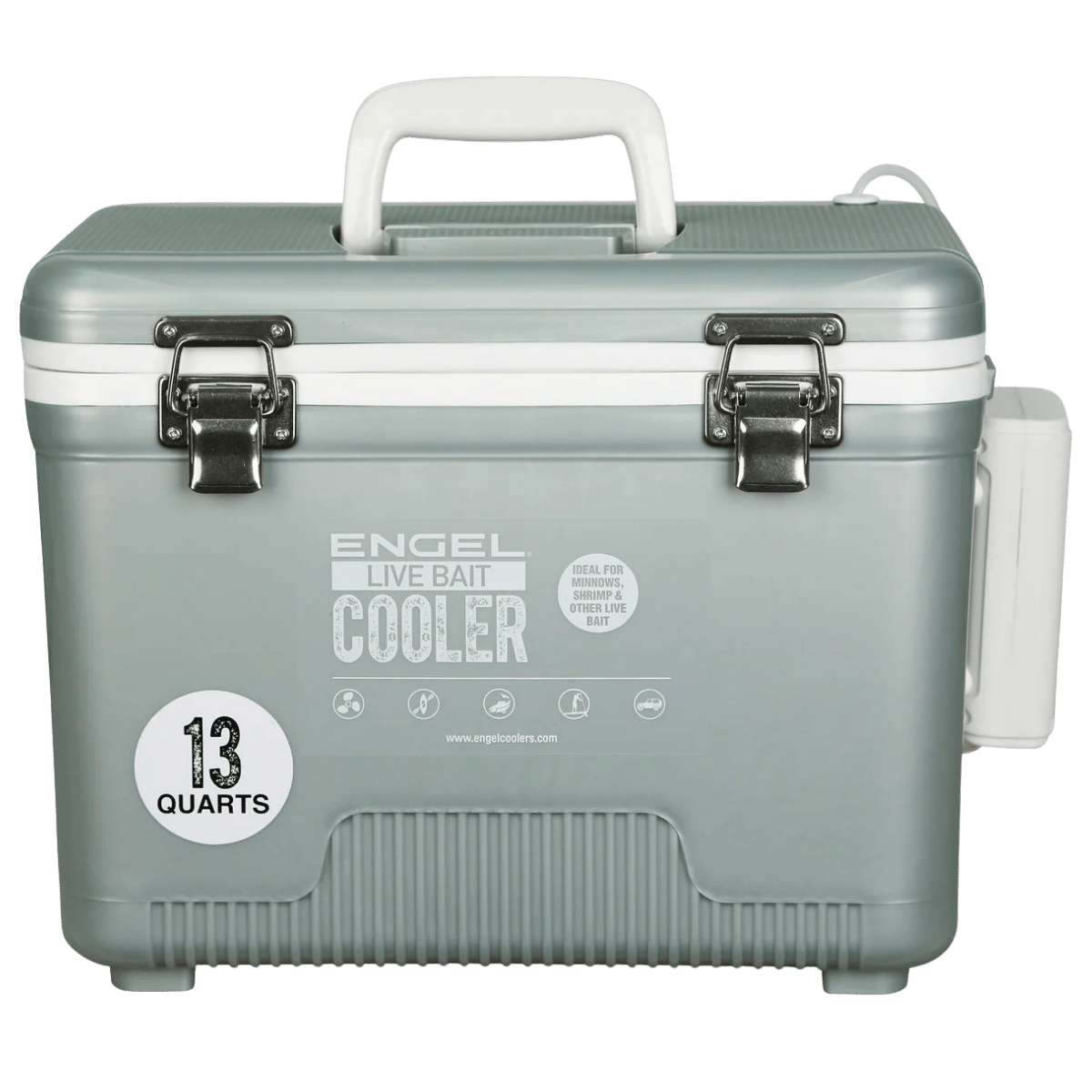 ENGEL 13 QUARTS LIVE BAIT PRO COOLER WITH AP3 RECHARGEABLE AERATOR AND STAINLESS HARDWARE - SILVER