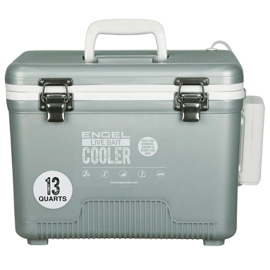 ENGEL 13 QUARTS LIVE BAIT PRO COOLER WITH AP3 RECHARGEABLE AERATOR AND STAINLESS HARDWARE - SILVER