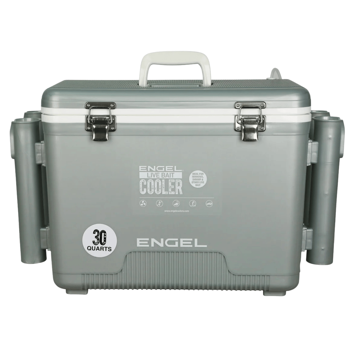 ENGEL 30 QUARTS LIVE BAIT PRO COOLER WITH AP3 RECHARGEABLE AERATOR AND STAINLESS HARDWARE - SILVER