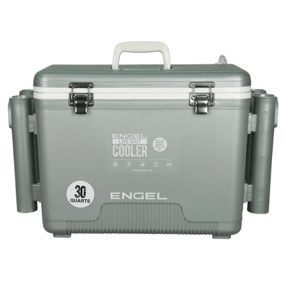 ENGEL 30 QUARTS LIVE BAIT PRO COOLER WITH AP3 RECHARGEABLE AERATOR AND STAINLESS HARDWARE - SILVER