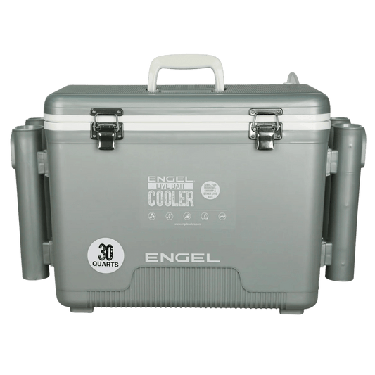 ENGEL 30 QUARTS LIVE BAIT PRO COOLER WITH AP3 RECHARGEABLE AERATOR AND STAINLESS HARDWARE - SILVER