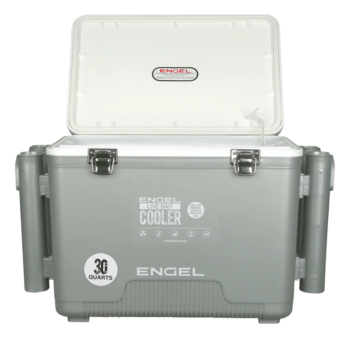 ENGEL 30 QUARTS LIVE BAIT PRO COOLER WITH AP3 RECHARGEABLE AERATOR AND STAINLESS HARDWARE - SILVER_OPEN BOX