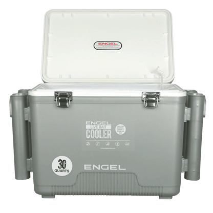 ENGEL 30 QUARTS LIVE BAIT PRO COOLER WITH AP3 RECHARGEABLE AERATOR AND STAINLESS HARDWARE - SILVER_OPEN BOX