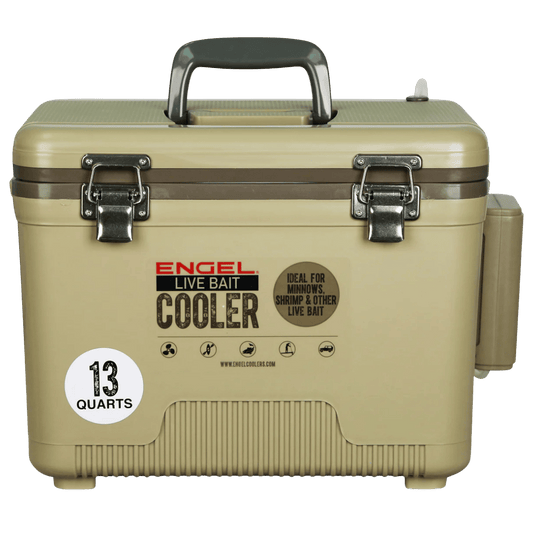 ENGEL 13 QUARTS LIVE BAIT PRO COOLER WITH AP3 RECHARGEABLE AERATOR AND STAINLESS HARDWARE - TAN
