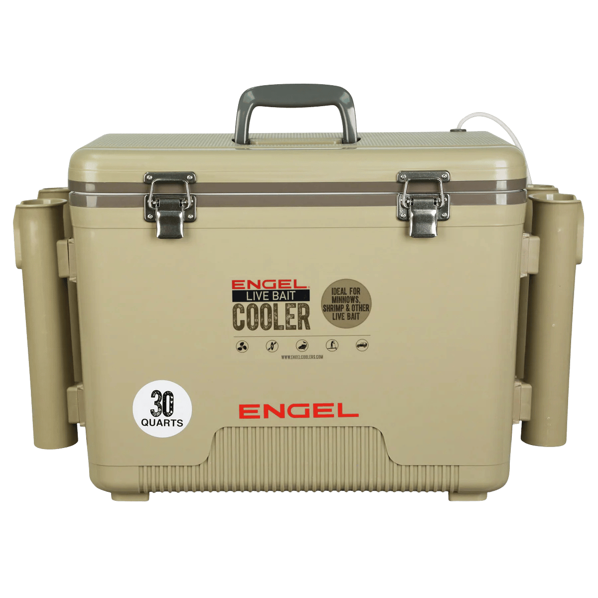 ENGEL 30 QUARTS LIVE BAIT PRO COOLER WITH AP4 RECHARGEABLE AERATOR AND STAINLESS HARDWARE - TAN
