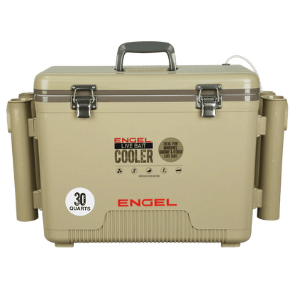 ENGEL 30 QUARTS LIVE BAIT PRO COOLER WITH AP4 RECHARGEABLE AERATOR AND STAINLESS HARDWARE - TAN