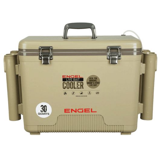 ENGEL 30 QUARTS LIVE BAIT PRO COOLER WITH AP4 RECHARGEABLE AERATOR AND STAINLESS HARDWARE - TAN