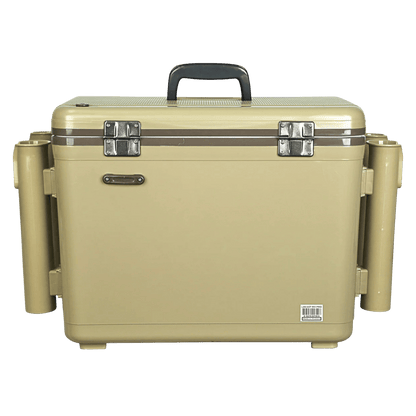 ENGEL 30 QUARTS LIVE BAIT PRO COOLER WITH AP4 RECHARGEABLE AERATOR AND STAINLESS HARDWARE - TAN_BACK ANGLE