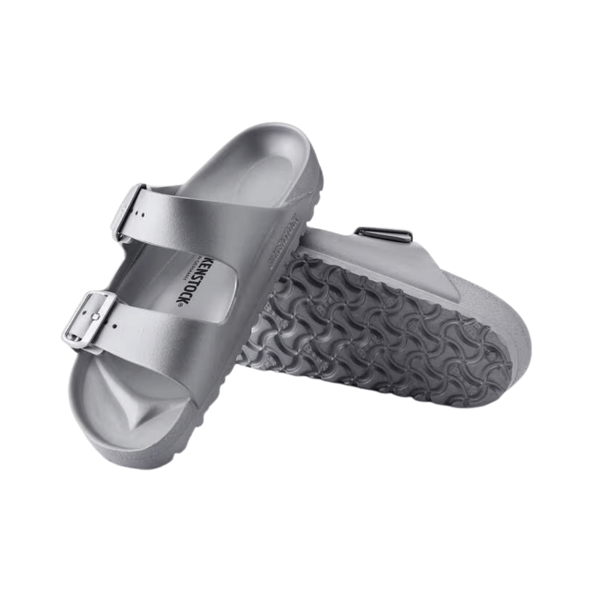 BIRKENSTOCK ARIZONA EVA - NARROW - METTALIC SILVER - FRONT AND OUTSOLE VIEW