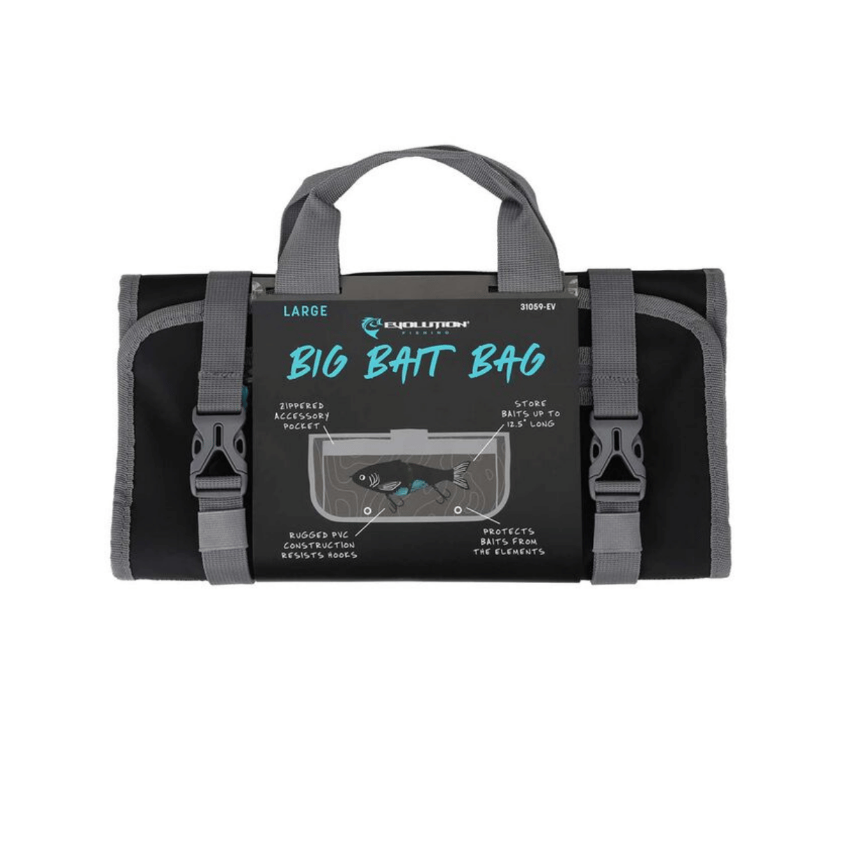 EVOLUTION OUTDOOR BIG BAIT BAG 14IN, FRONT LOGO, BLACK GRAY COLOR